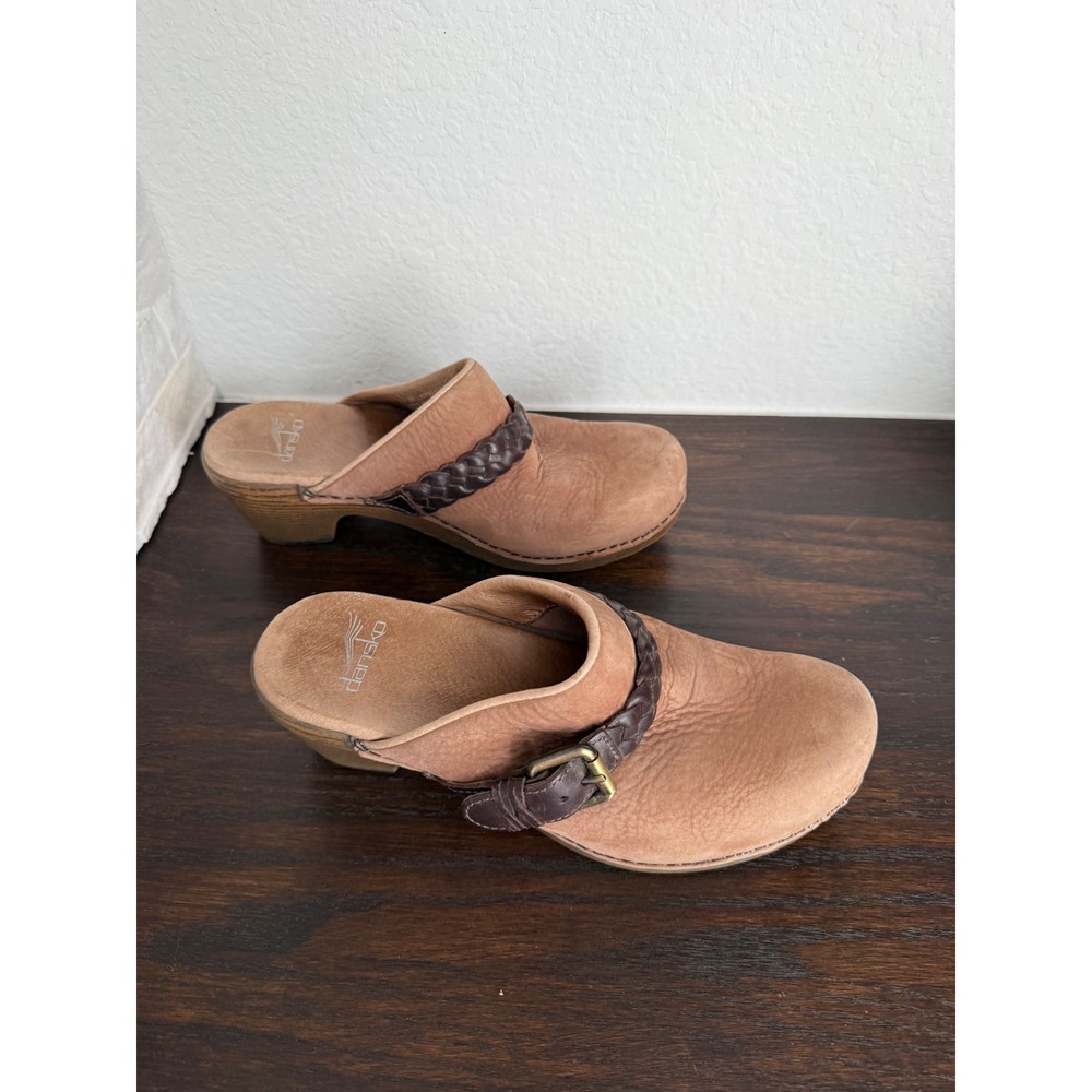 Dansko Tan Leather Braided Buckle Clogs Mules Boho Block Heel Shoes Mens 38